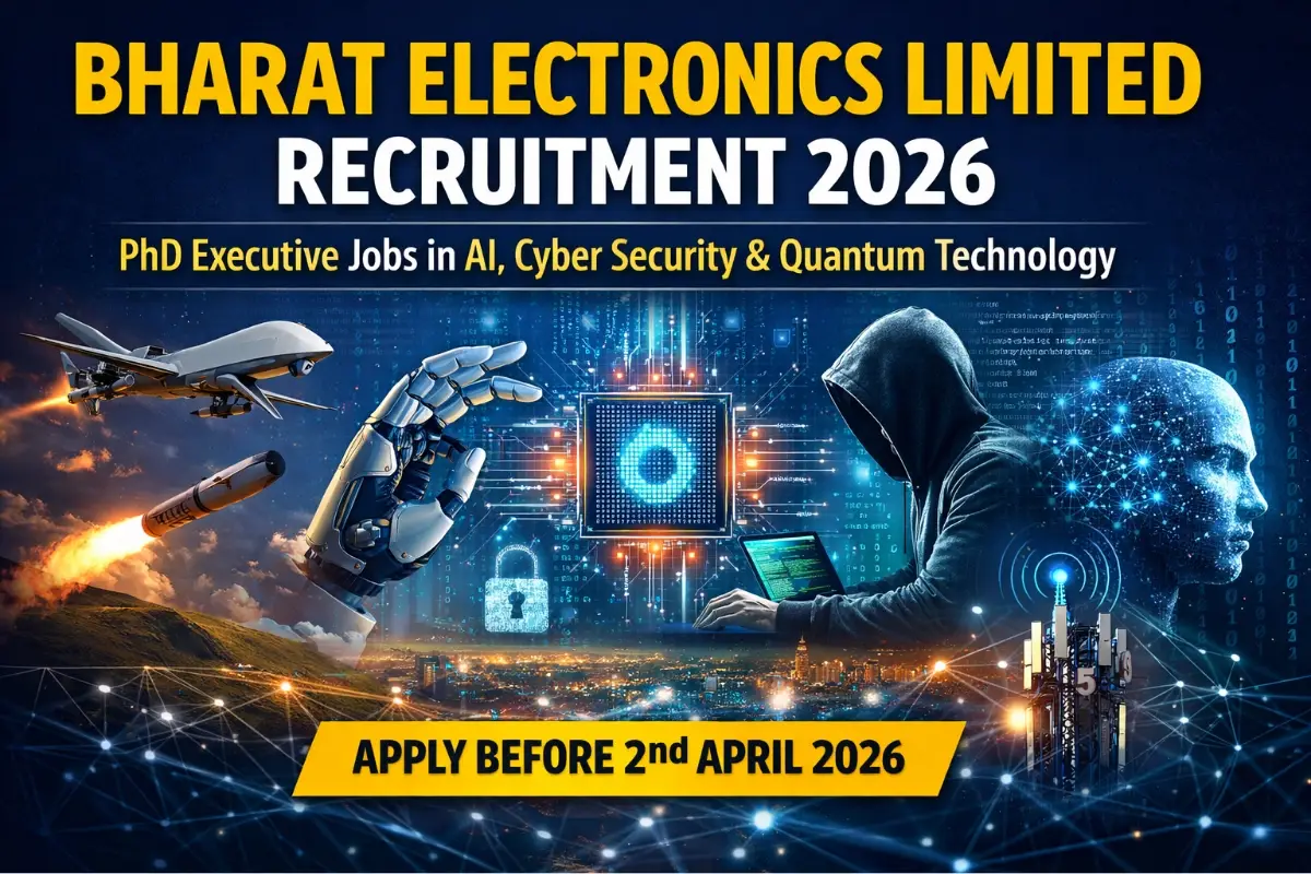 Bharat Electronics Limited Recruitment 2026 feature image showing PhD executive jobs in AI, Cyber Security, Robotics and Quantum Technology