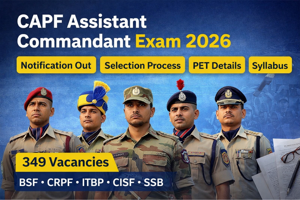 CAPF Assistant Commandant Exam 2026 notification banner showing 349 vacancies with selection process and PET details