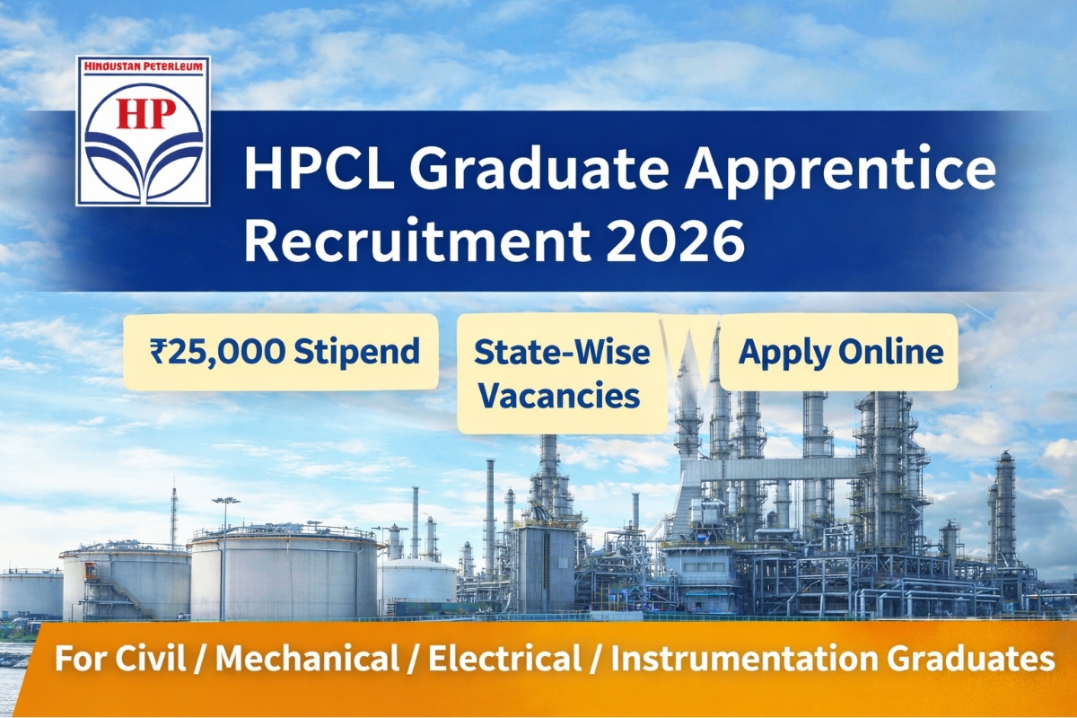 HPCL Graduate Apprentice Recruitment 2026 official logo with refinery background showing ₹25,000 stipend and state-wise vacancies