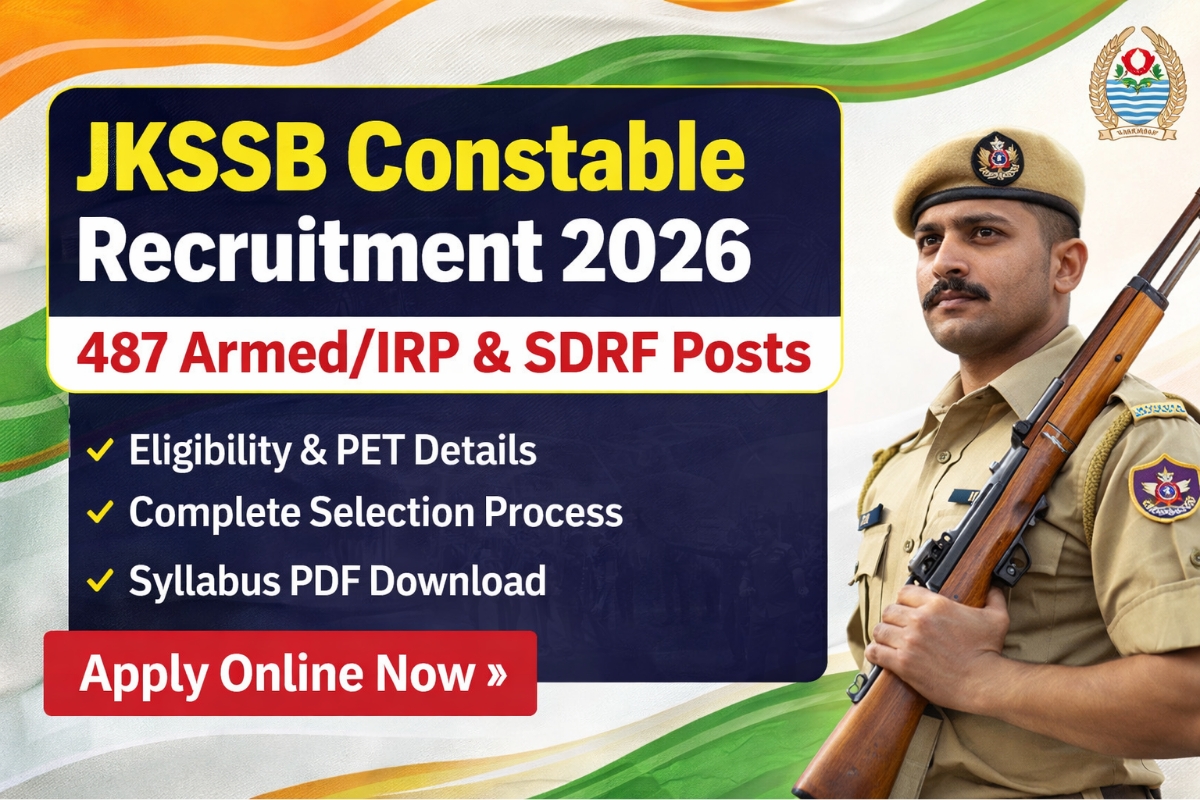 JKSSB Constable Recruitment 2026 notification banner showing 487 Armed IRP and SDRF posts with eligibility and PET details