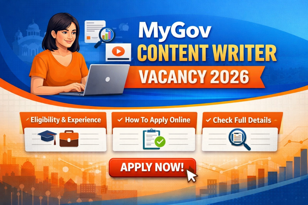 MyGov Content Writer Vacancy 2026 notification banner showing eligibility, 3-5 years experience requirement and apply online details