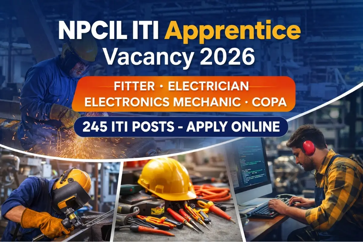 NPCIL ITI Apprentice Vacancy 2026 feature image showing fitter, electrician, electronics mechanic and COPA trades with 245 posts notification