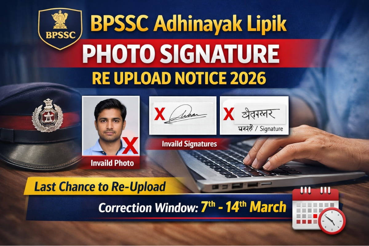 BPSSC Adhinayak Lipik Photo Signature Re Upload Notice 2026 correction window for uploading clear photo and signature till 14 March