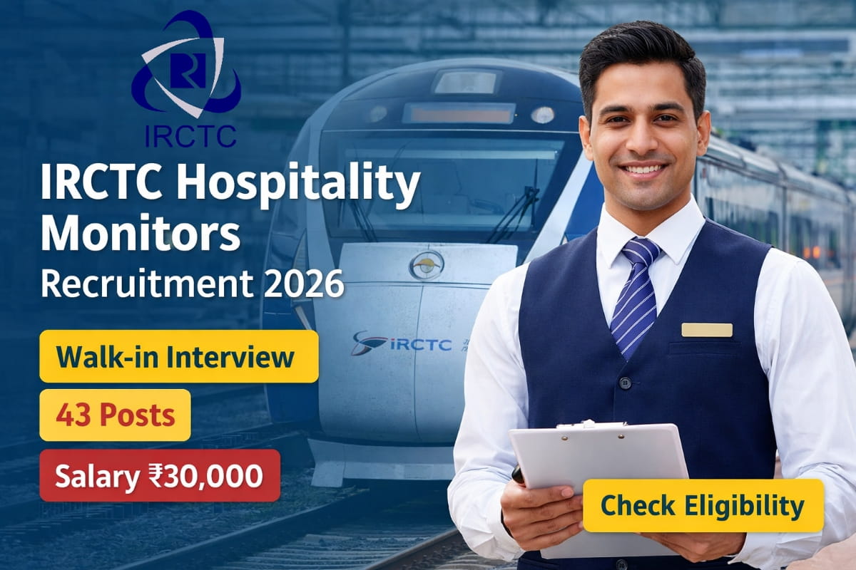 IRCTC Hospitality Monitors Recruitment 2026 announced for 43 posts through walk-in interview. Check eligibility, salary ₹30,000, interview date, selection process and full details.