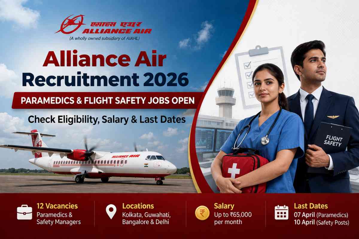 Alliance Air Recruitment 2026 for paramedics and flight safety jobs. Check eligibility, salary up to ₹65,000 and last dates to apply.