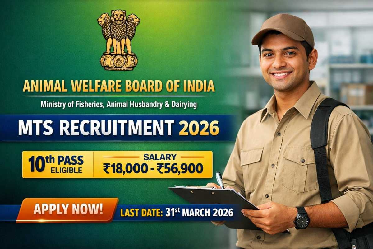 Animal Welfare Board of India MTS Recruitment 2026 announced. Check eligibility, salary ₹18,000–56,900, age limit and application process. Last date 31 March 2026.
