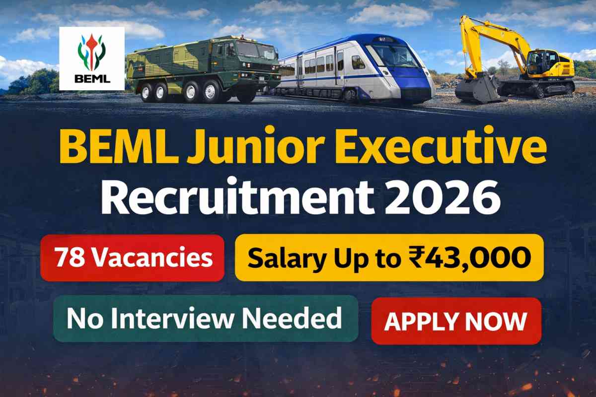 Apply for BEML Junior Executive Recruitment 2026 with 78 vacancies. Check eligibility, salary up to ₹43,000, selection process and last date.