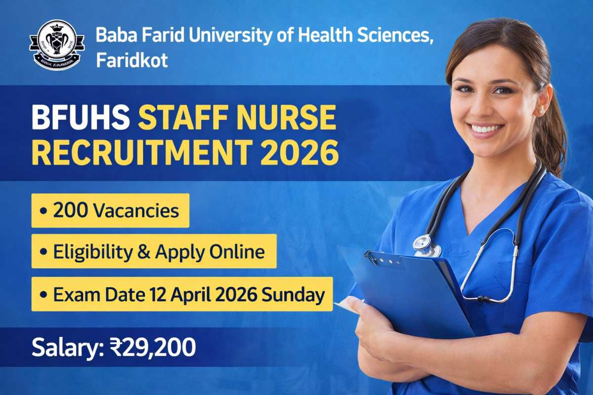 BFUHS Staff Nurse Recruitment 2026 announced for 200 posts. Check eligibility, salary ₹29,200, exam date 12 April 2026 and apply online details.