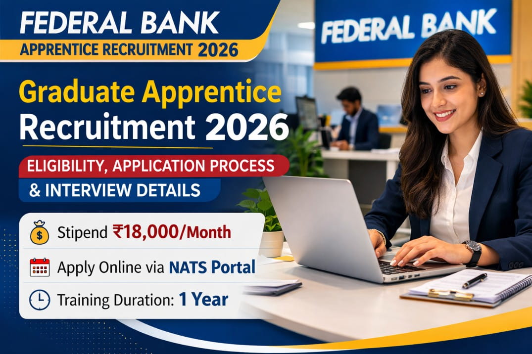 Federal Bank Graduate Apprentice Recruitment 2026 announced. Check eligibility, stipend ₹18,000, selection process and apply online through NATS portal.