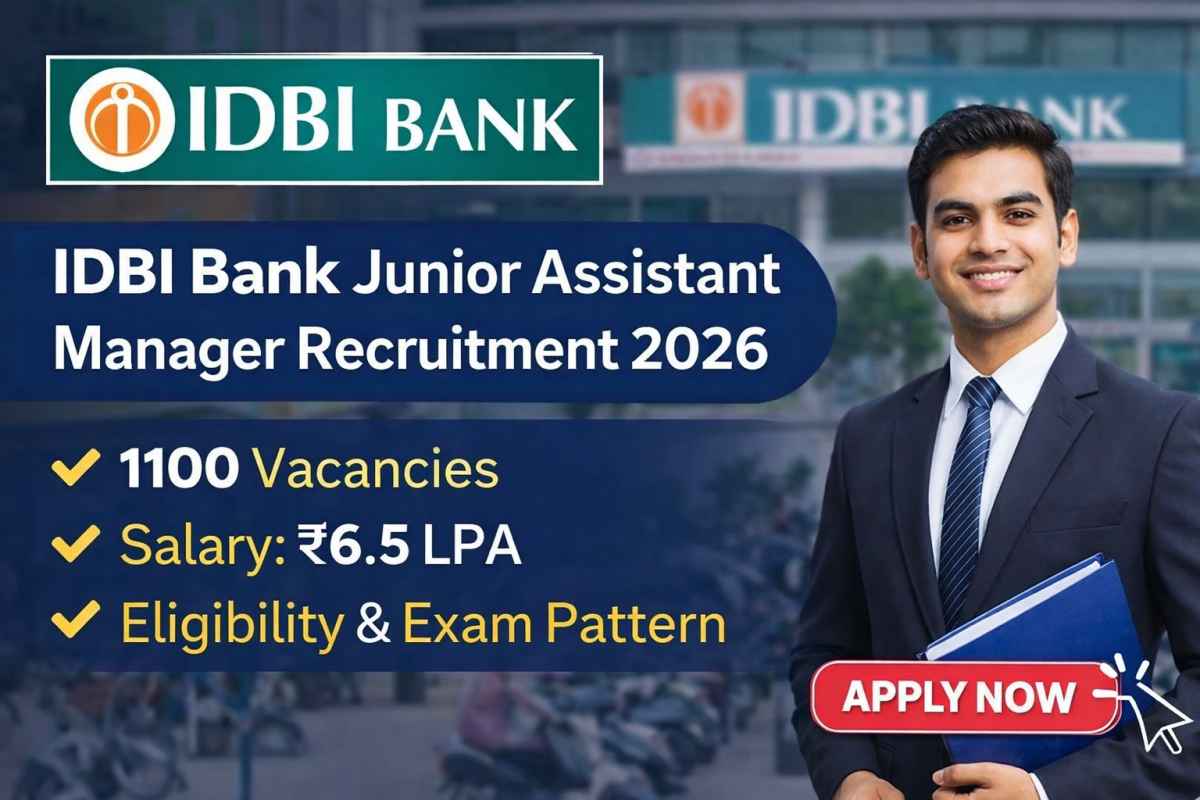 IDBI Bank Junior Assistant Manager Recruitment 2026 announced with 1100 vacancies. Check eligibility, salary, exam pattern and apply online details.