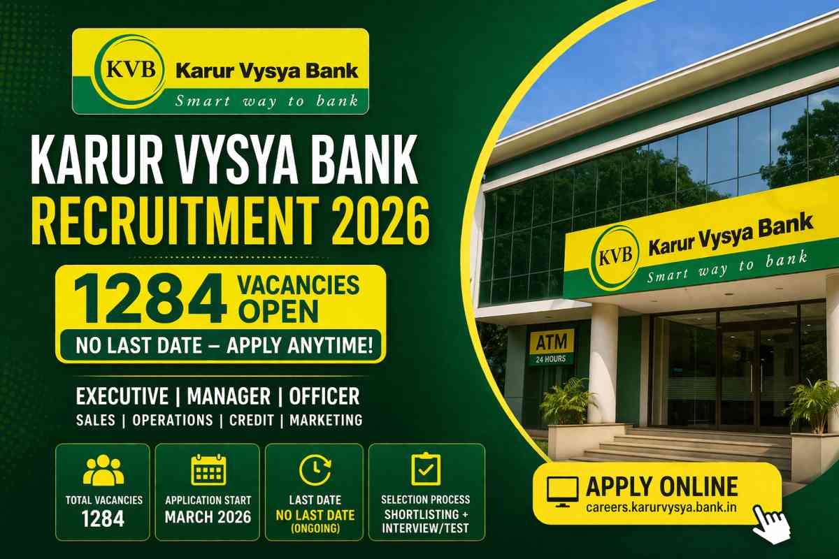 Karur Vysya Bank Recruitment 2026 for 1284 vacancies. No last date to apply. Check eligibility, selection process and apply online now.