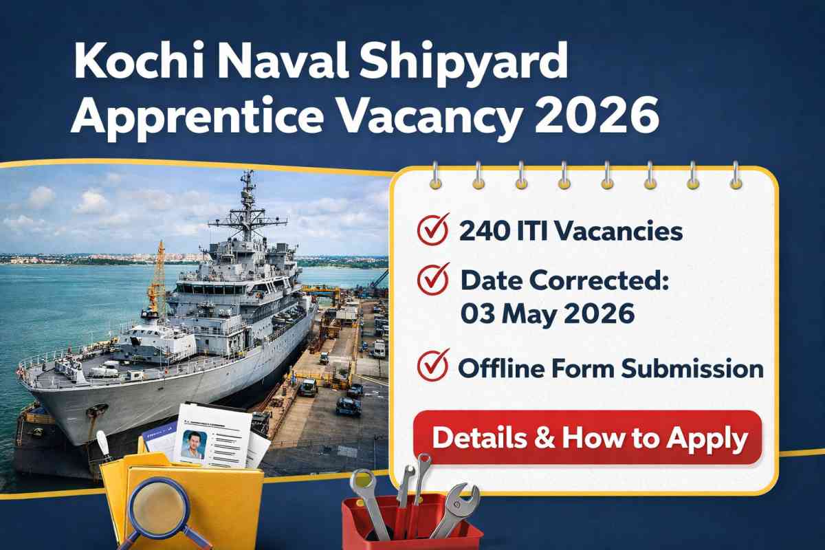 Kochi Naval Shipyard Apprentice Vacancy 2026 with 240 ITI posts, offline application and last date 03 May 2026