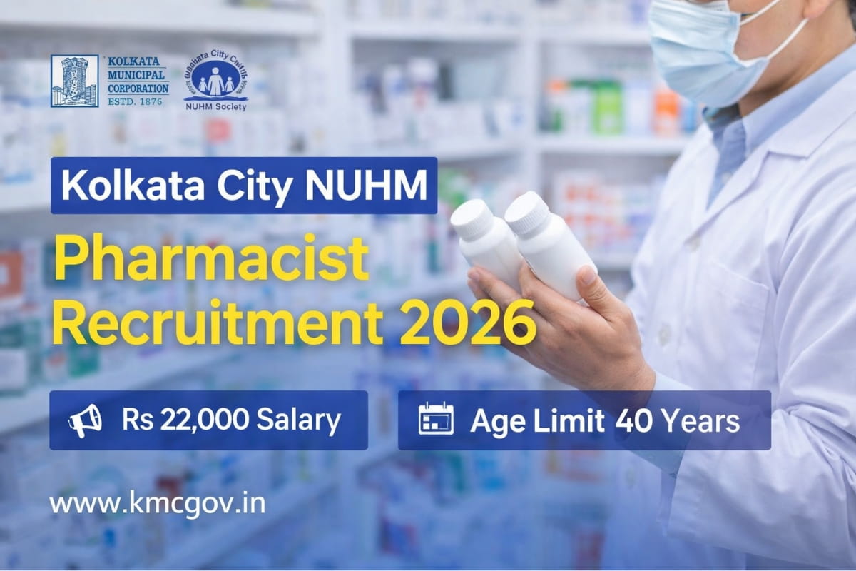 Kolkata City NUHM Pharmacist Recruitment 2026 banner showing Rs 22000 salary and age limit 40 years under Kolkata Municipal Corporation