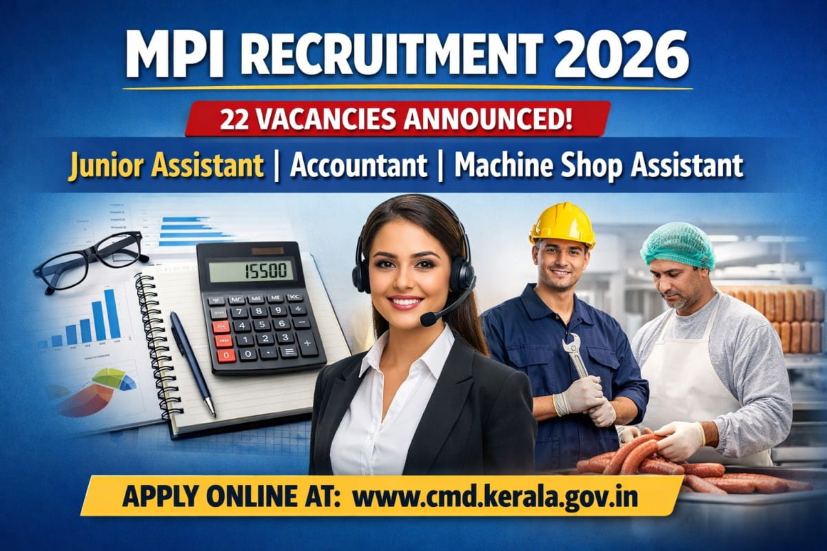 MPI Recruitment 2026 notification released for 22 vacancies including Junior Assistant, Accountant and Machine Shop Assistant. Check eligibility, salary and apply online.