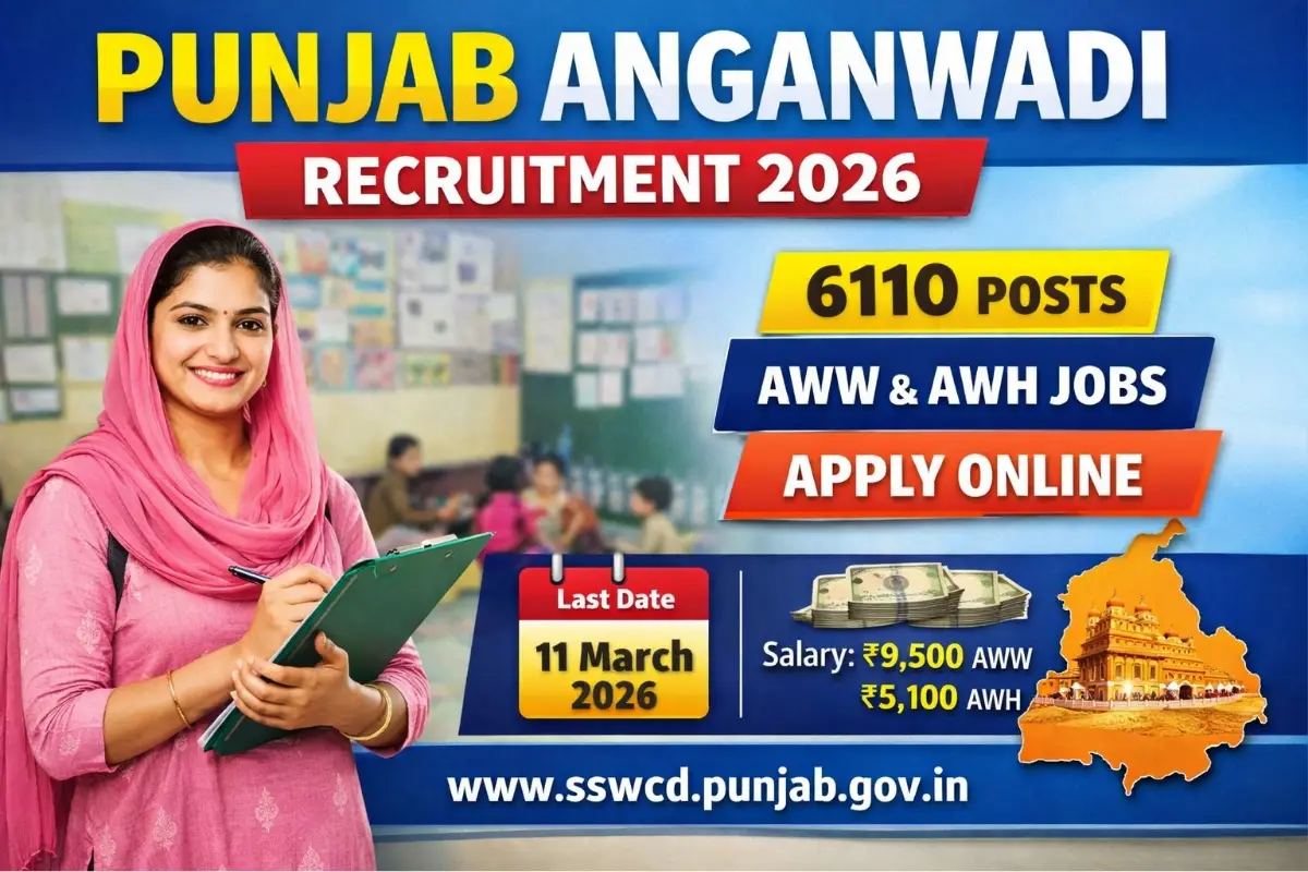 Punjab Anganwadi Recruitment 2026 released for 6110 AWW & AWH posts. Check eligibility, age limit, fee and apply online before 11 March 2026.