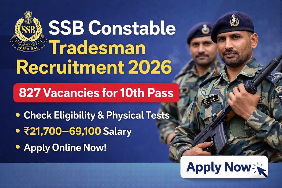 SSB Constable Tradesman Recruitment 2026 announced for 827 vacancies. Check eligibility, age limit, PET details, salary ₹21,700–69,100 and apply online before 30 April 2026.
