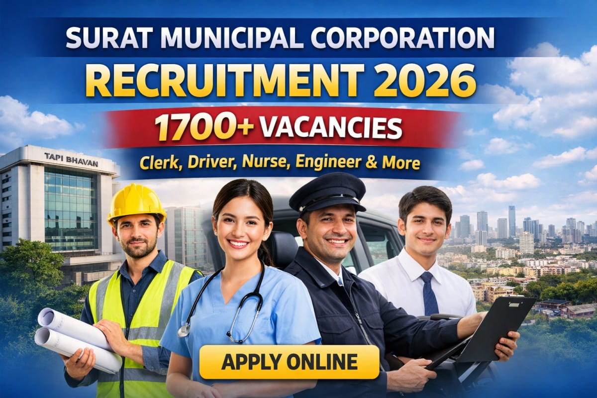Surat Municipal Corporation Recruitment 2026 announced for 1700+ vacancies including Clerk, Driver, Nurse and Engineer posts. Check eligibility and apply online.