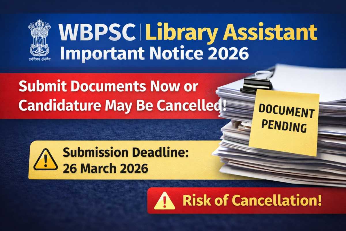 WBPSC Library Assistant Important Notice 2026 released. Submit required documents before 26 March or your candidature may be cancelled. Check details now.