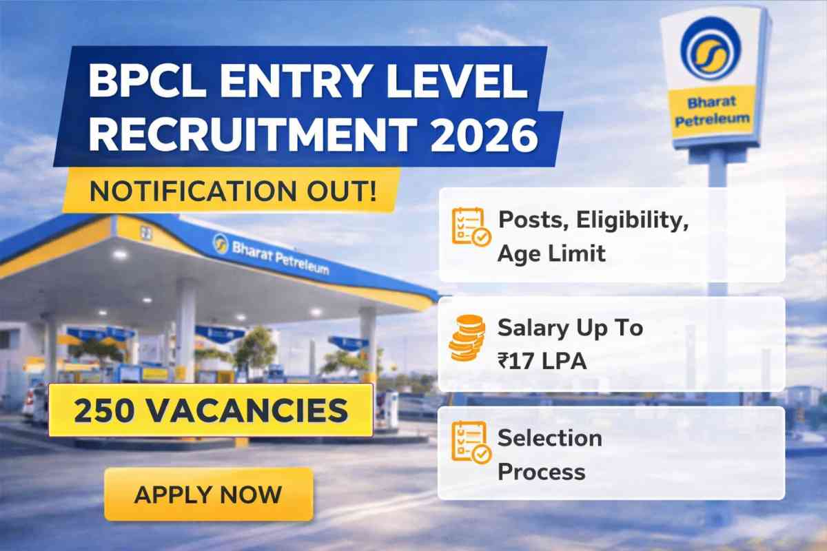 BPCL Entry Level Recruitment 2026 Notification out. Check 250 vacancies, eligibility, age limit, salary up to 17 LPA and full application process.
