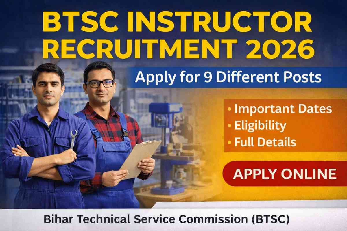 BTSC Instructor Recruitment 2026 Short Notice released. Apply online for 9 instructor posts from 15 April to 15 May. Check eligibility, dates and details.