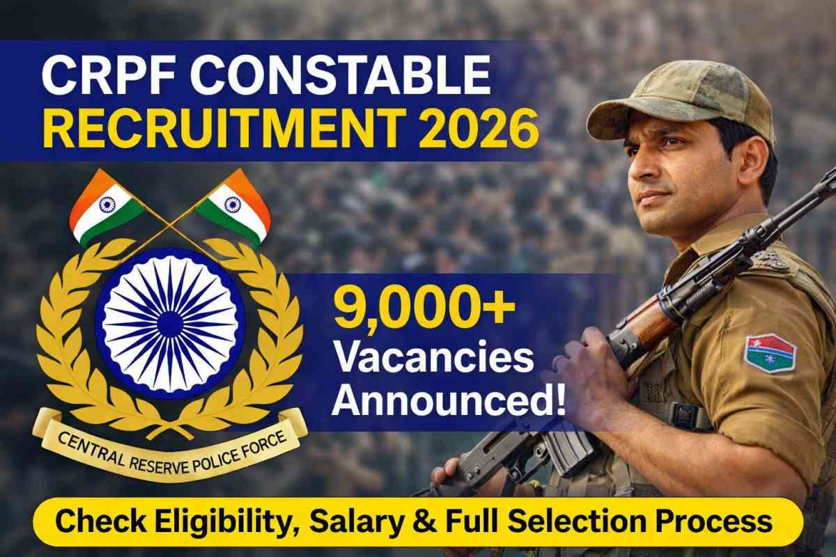 CRPF Constable Recruitment 2026 announced with 9000+ vacancies. Check eligibility, salary, selection process, and how to apply online before last date.