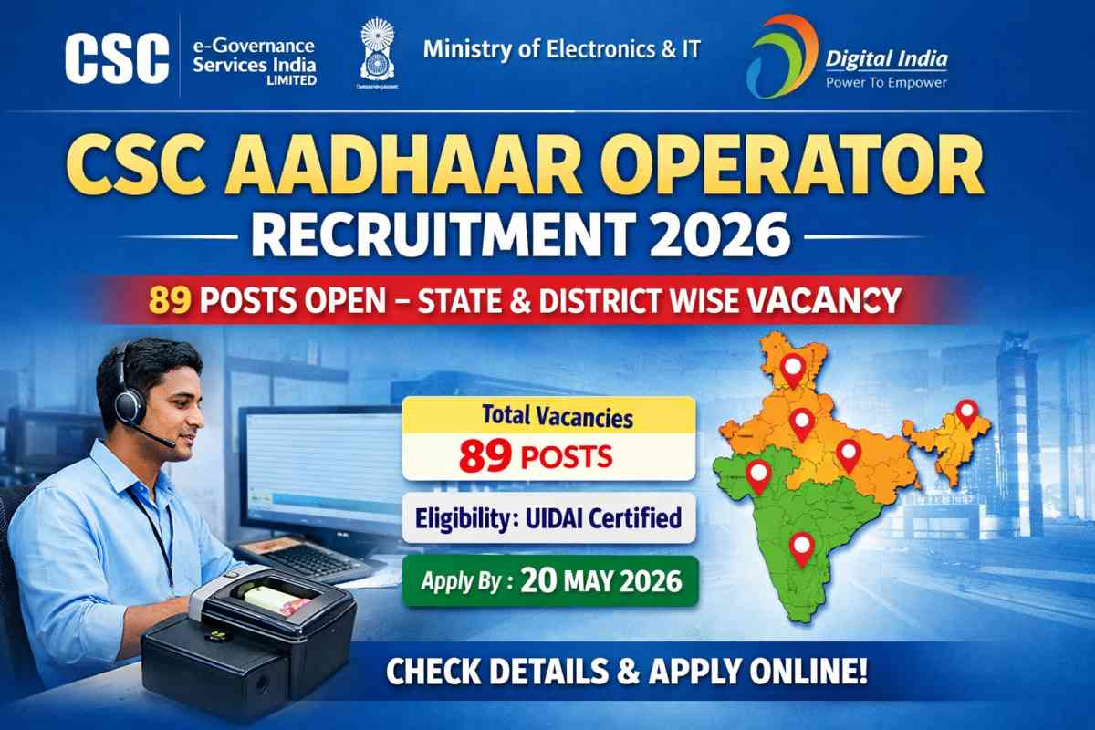 CSC Aadhaar Operator Recruitment 2026 out now with 89 vacancies. Check state and district wise posts, eligibility, and apply before 20 May 2026.