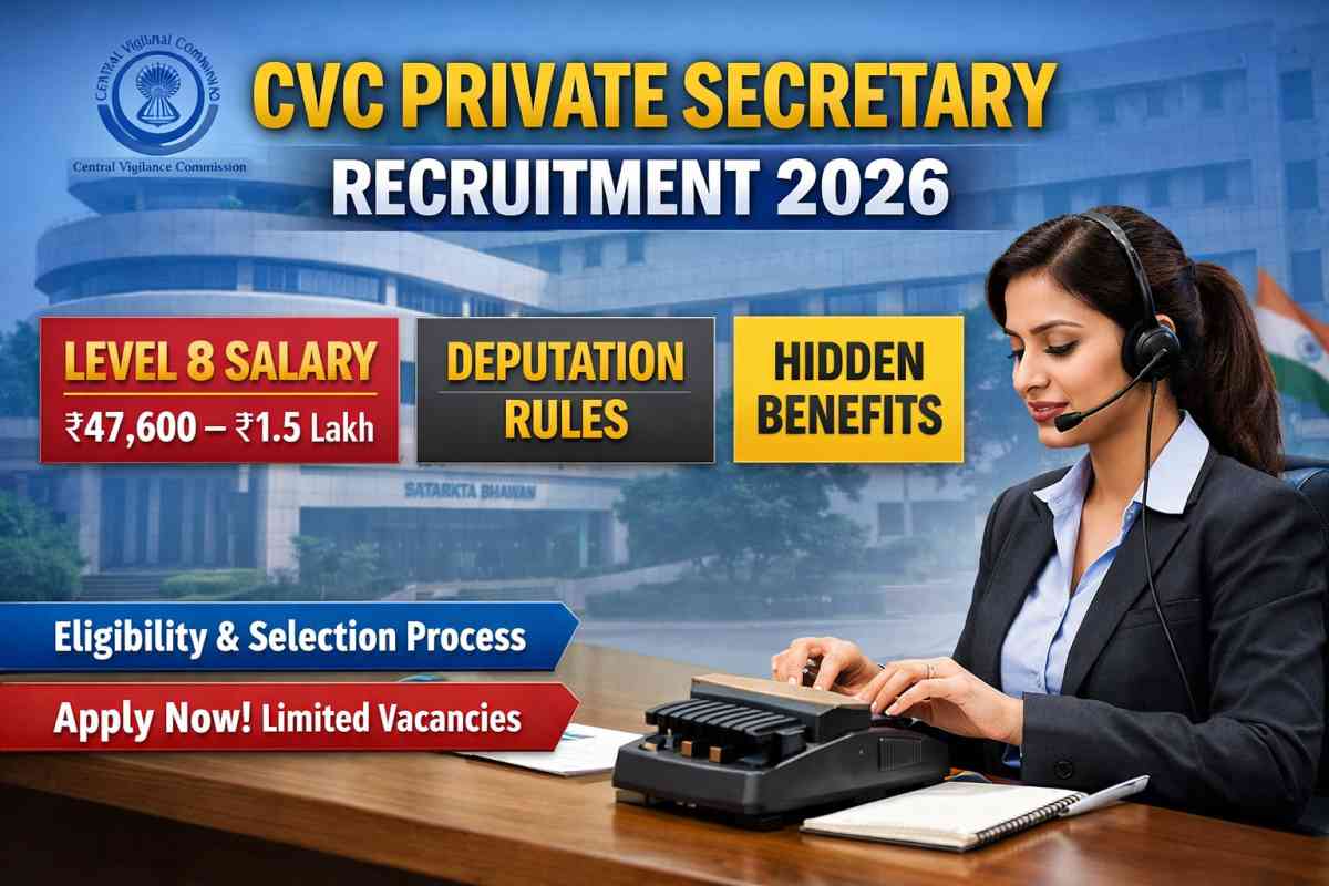 CVC Private Secretary Recruitment 2026 offers Level 8 salary, deputation benefits and no exam selection. Check eligibility, rules and how to apply.