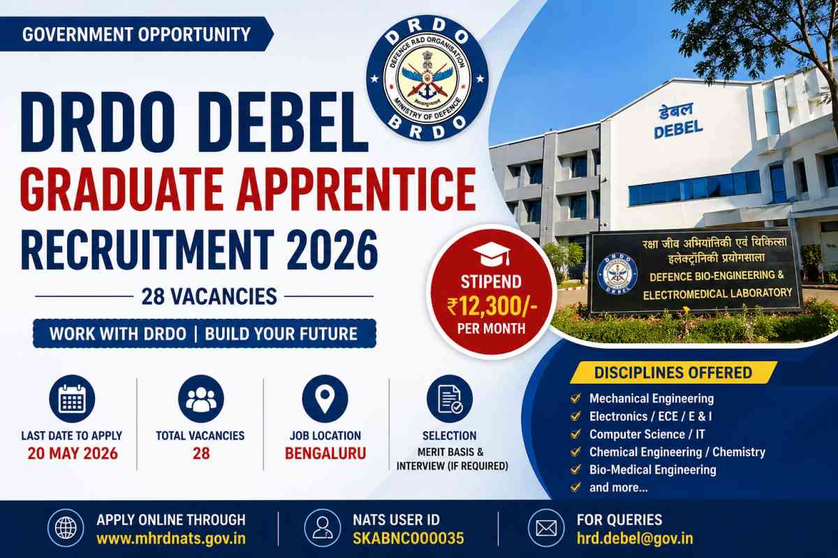 DRDO DEBEL Graduate Apprentice Recruitment 2026 feature image showing 28 apprentice vacancies with ₹12300 monthly stipend in Bengaluru