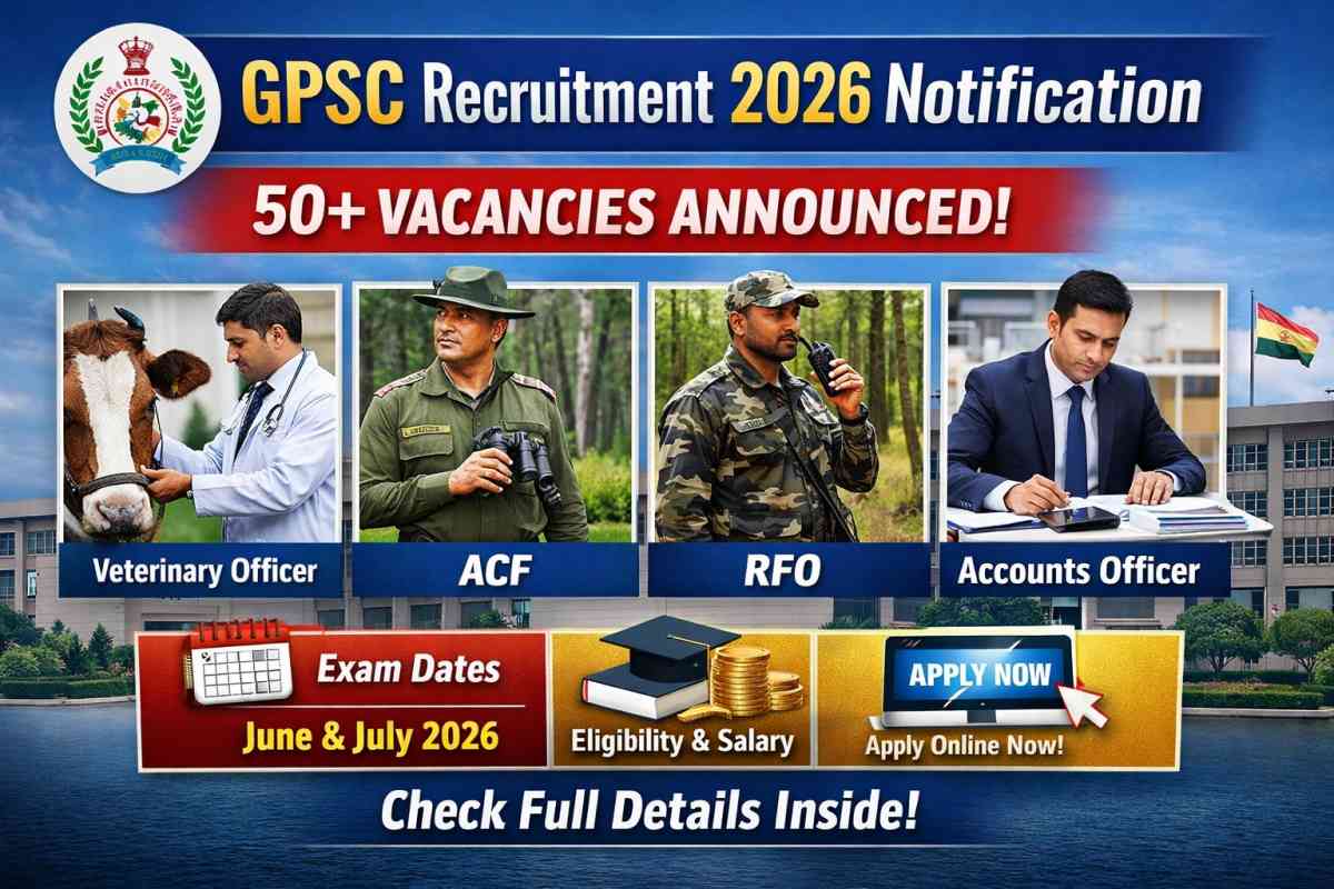 GPSC Recruitment 2026 Notification out for 50+ vacancies. Check eligibility, exam dates, salary, and apply online for ACF, RFO, Veterinary & Accounts Officer posts.