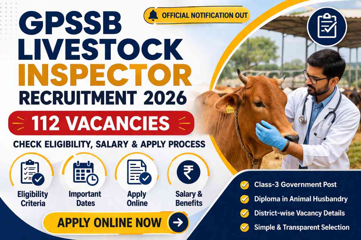 GPSSB Livestock Inspector Recruitment 2026 announced with 112 vacancies. Check eligibility, age limit, salary, selection process and apply online before 7 May 2026.
