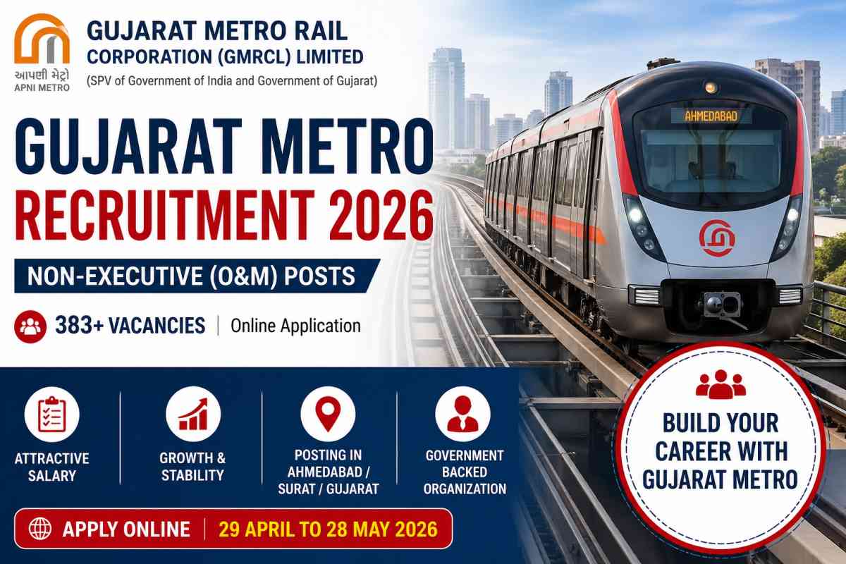 Gujarat Metro Rail Recruitment 2026 apply online for 383+ non-executive posts. Check eligibility, salary, dates and selection process now.