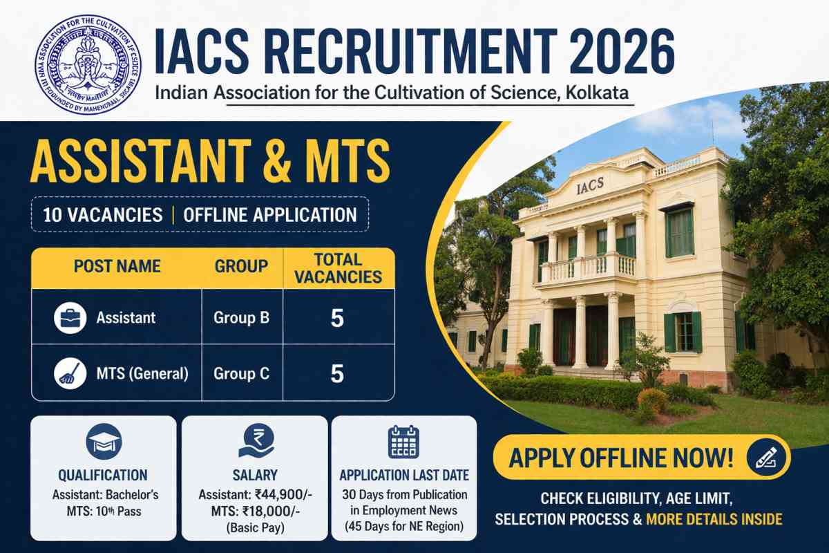 IACS Recruitment 2026 notification released for Assistant and MTS posts. Check vacancy details, eligibility, salary, selection process and offline application steps.