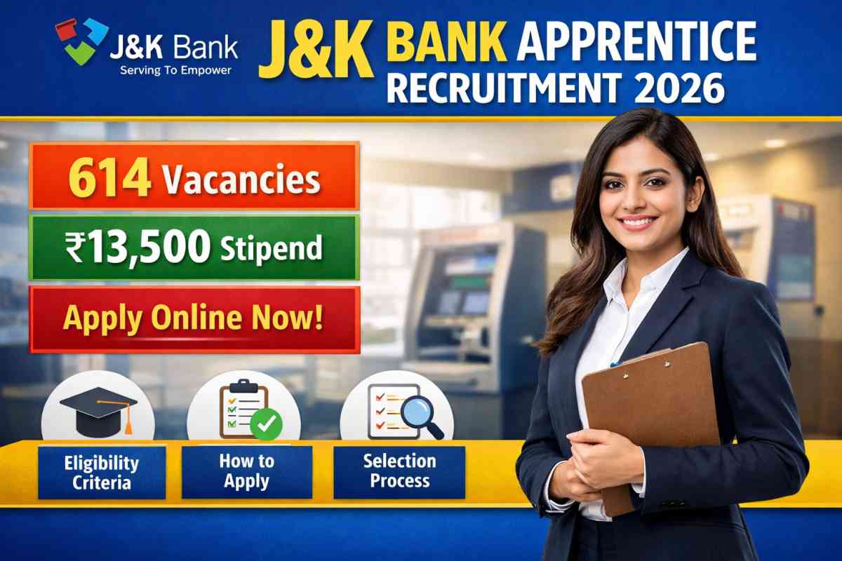J&K Bank Apprentice Recruitment 2026: Apply online for 614 vacancies. Check eligibility, salary ₹13500, exam pattern and full details.