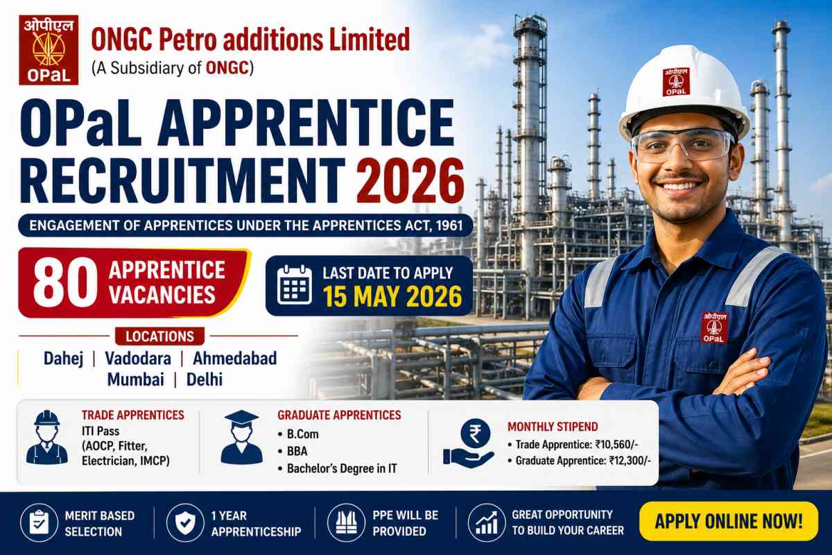 ONGC OPaL Apprentice Recruitment 2026 for 80 apprentice vacancies including ITI and graduate posts apply online before 15 May