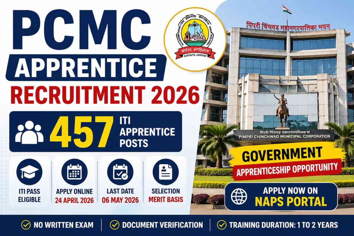 PCMC Apprentice Recruitment 2026 announced for 457 ITI Apprentice posts. Check eligibility, trade-wise vacancy, last date, and apply online details.