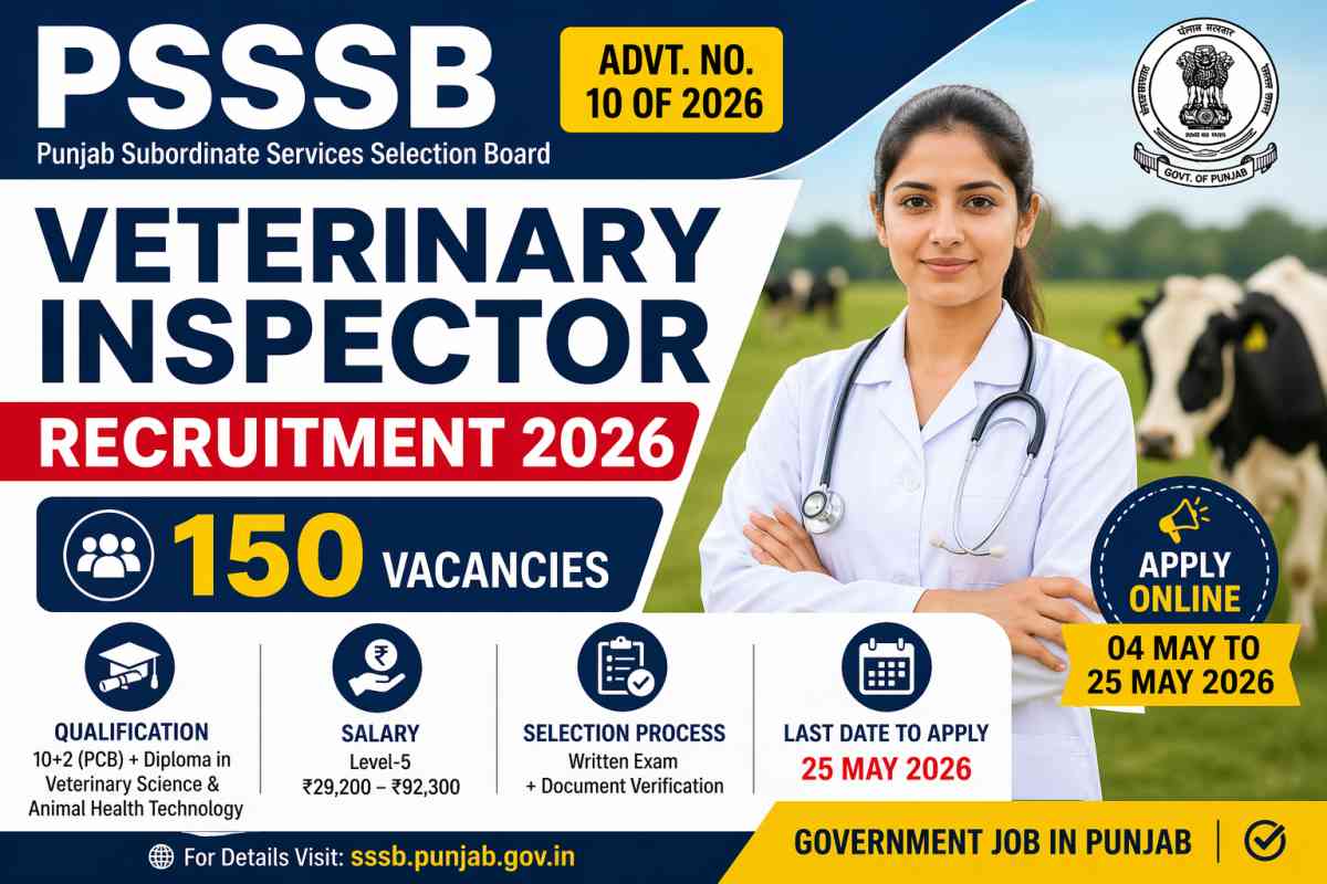 PSSSB Veterinary Inspector Recruitment 2026 for 150 posts. Check eligibility, salary, exam pattern, age limit, and apply online before 25 May 2026.