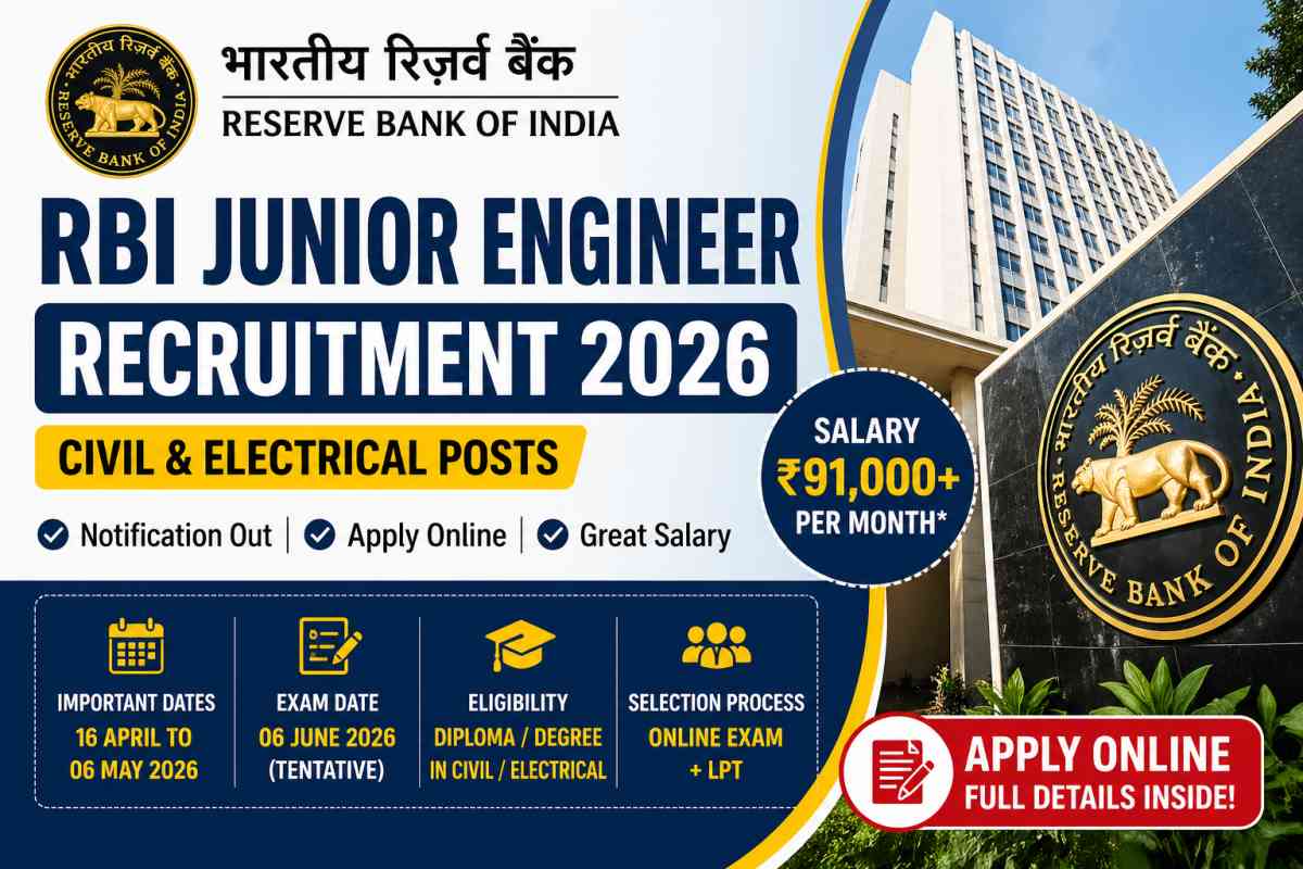 RBI Junior Engineer Recruitment 2026 for JE Civil and Electrical posts. Check vacancy, salary, eligibility, exam date, selection process and apply online details.