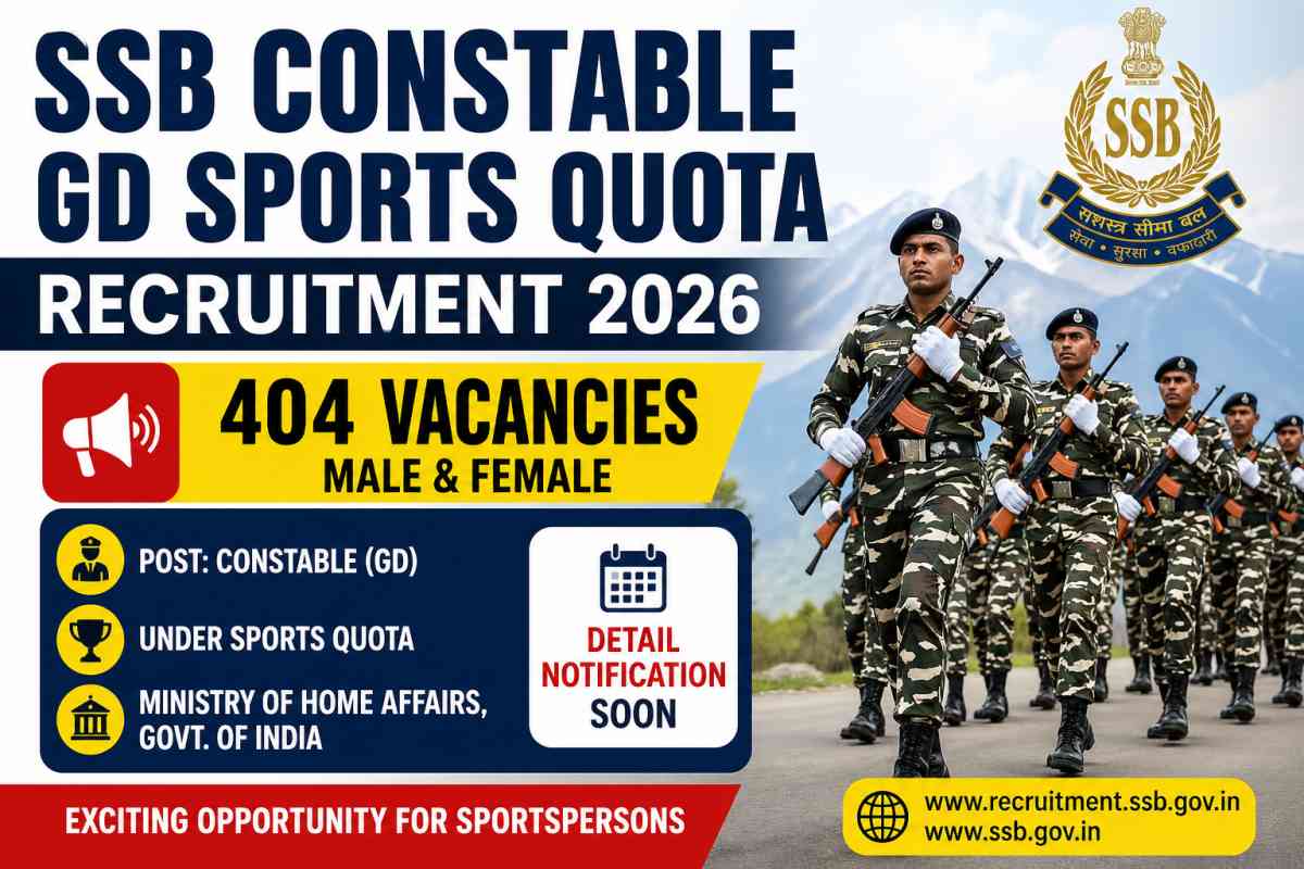 SSB Constable GD Sports Quota Recruitment 2026 announced for 404 vacancies. Check eligibility, salary, selection process, dates and apply details.