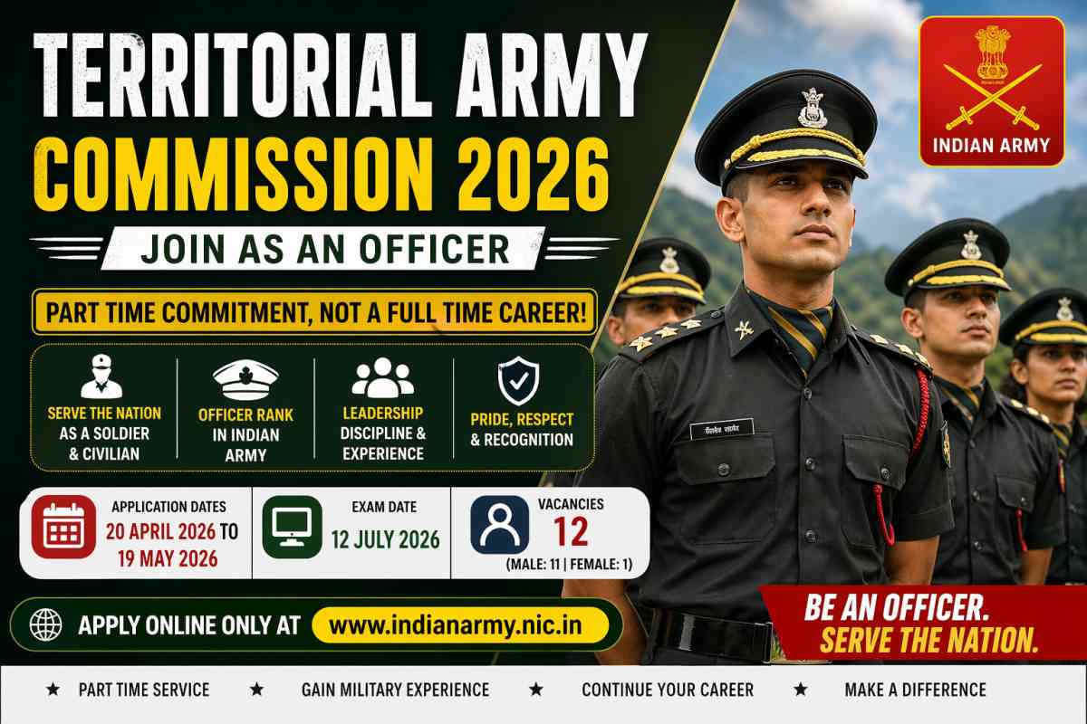 Territorial Army Commission 2026 notification out. Check eligibility, exam date, salary, selection process and how to apply online easily.