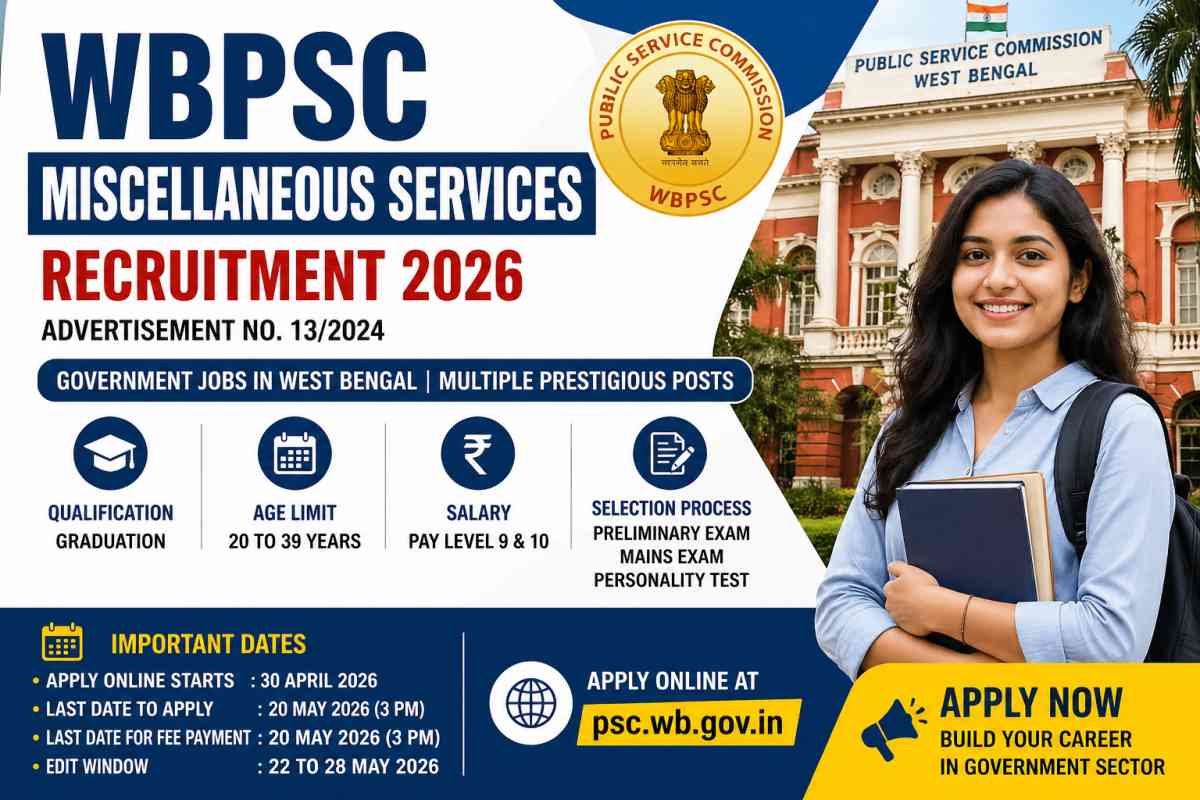 WBPSC Miscellaneous Services Recruitment 2026 apply online for multiple government posts. Check eligibility, salary, age limit, exam pattern and dates.
