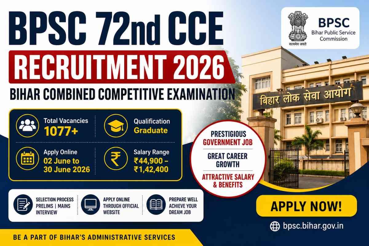 BPSC 72nd CCE Recruitment 2026 announced with 1077+ vacancies. Check eligibility, dates, salary, and how to apply online.