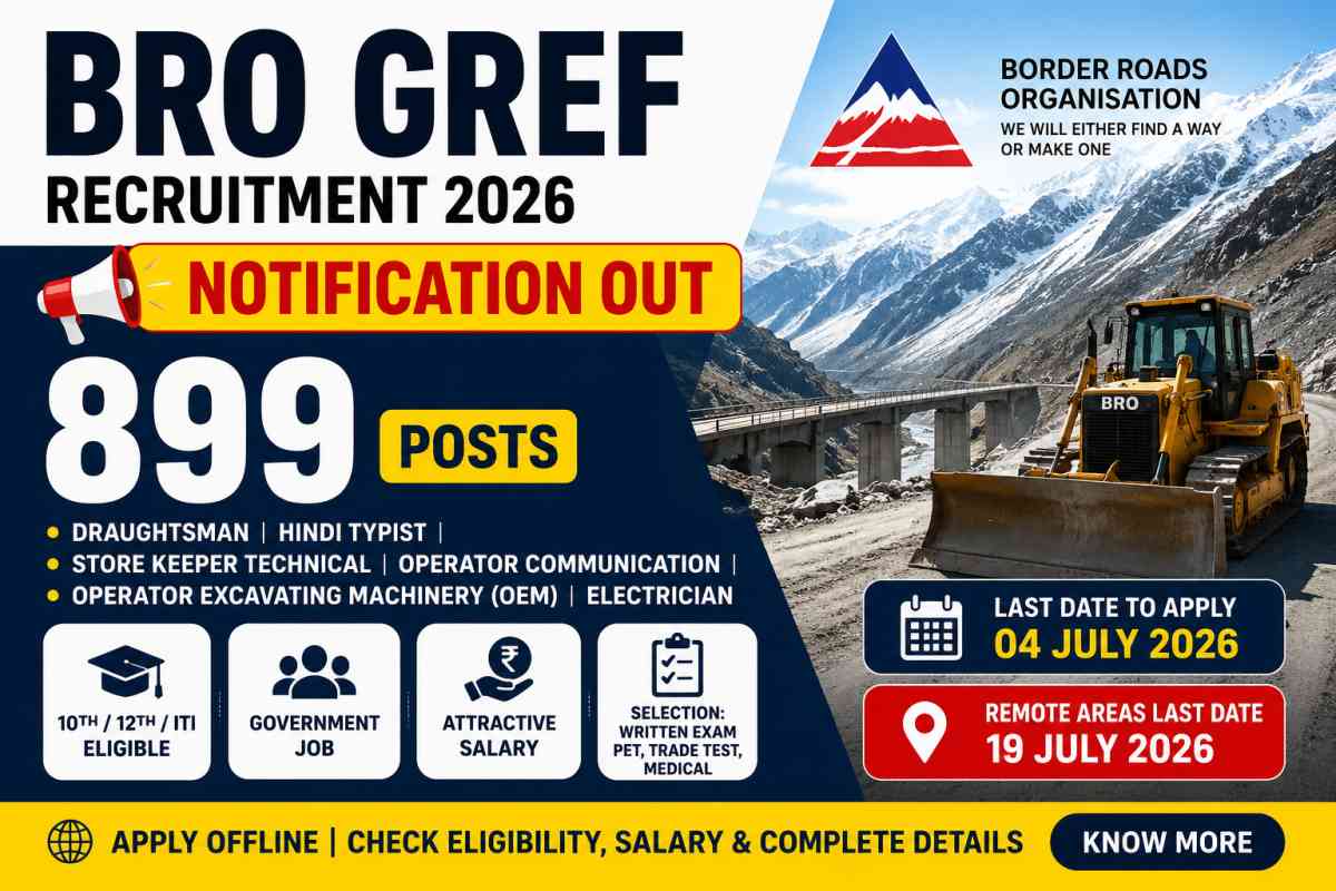 BRO GREF Recruitment 2026 Notification released for 899 posts. Check eligibility, salary, selection process, last date and apply guide.
