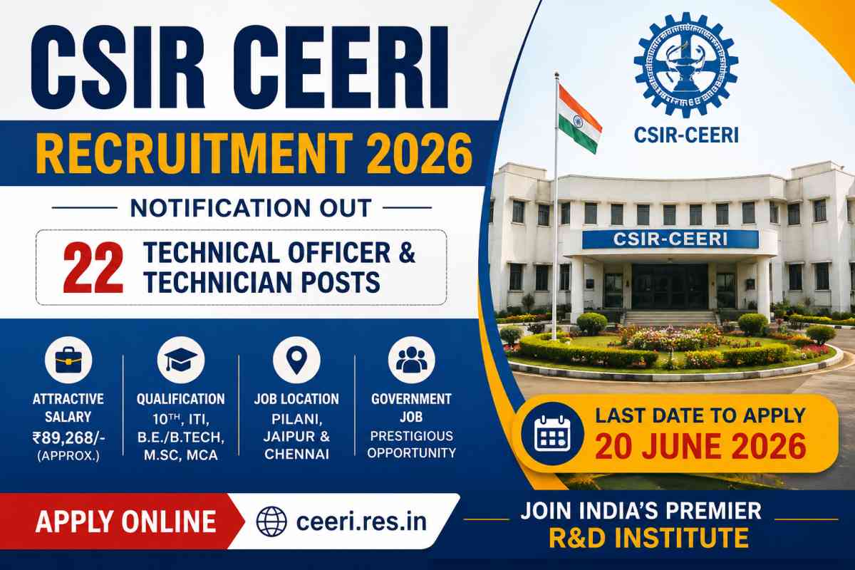 CSIR CEERI Recruitment 2026 Notification released for 22 Technical Officer & Technician posts. Check eligibility, salary, exam pattern and apply online details.