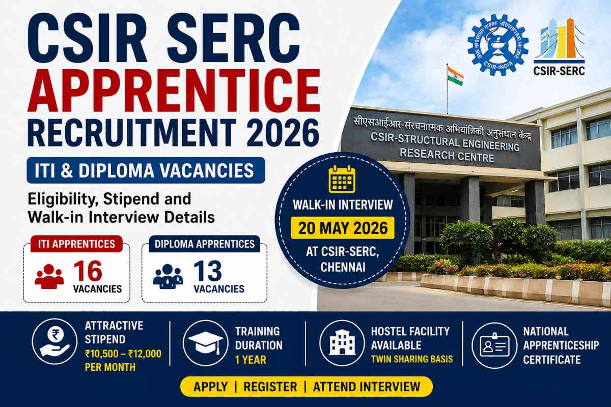 CSIR SERC Apprentice Recruitment 2026 notification released for ITI and Diploma vacancies. Check eligibility, stipend, walk-in interview date, age limit and selection process.