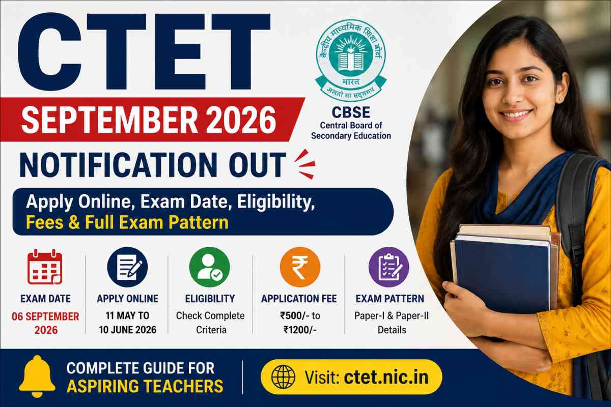 CTET September 2026 Notification released. Check exam date, eligibility, apply online process, fees, syllabus and full exam pattern details.