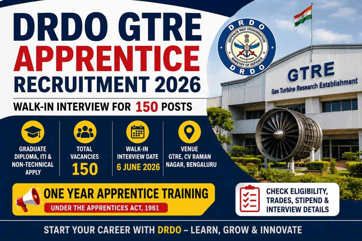 DRDO GTRE Apprentice Recruitment 2026 notification released for 150 apprentice posts. Check eligibility, trades, stipend, interview date and walk-in details.