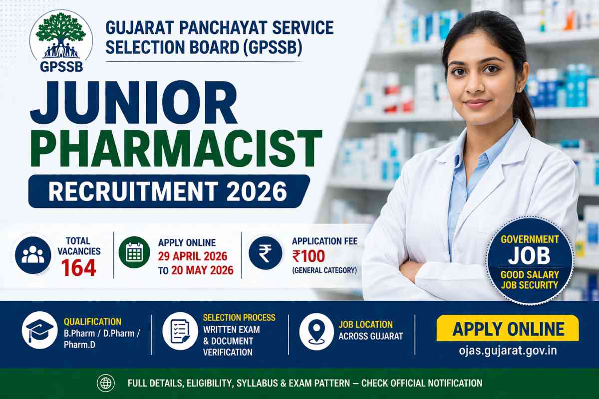 Apply for GPSSB Junior Pharmacist Recruitment 2026. Check 164 vacancies, eligibility, dates, salary, and how to apply online.