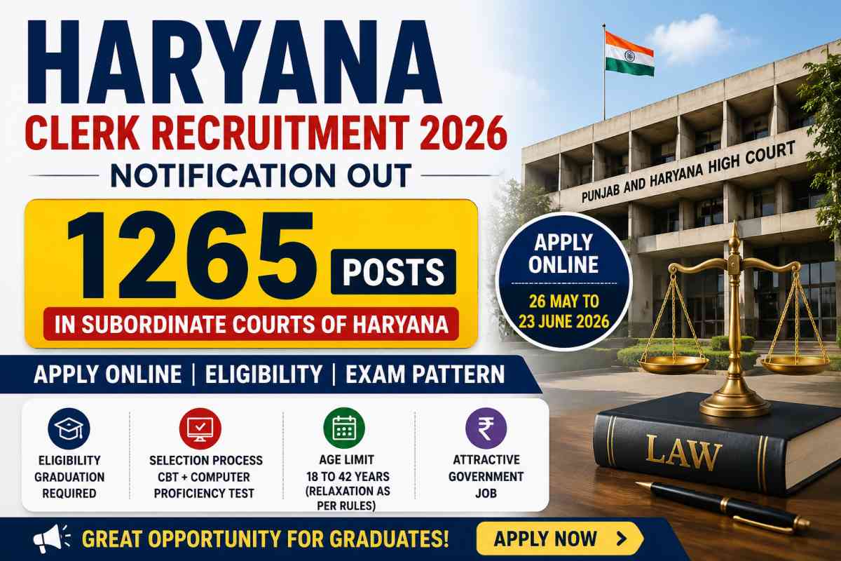 Haryana Clerk Recruitment 2026 Notification released for 1265 posts. Check eligibility, exam pattern, age limit, fee, important dates and apply online process.
