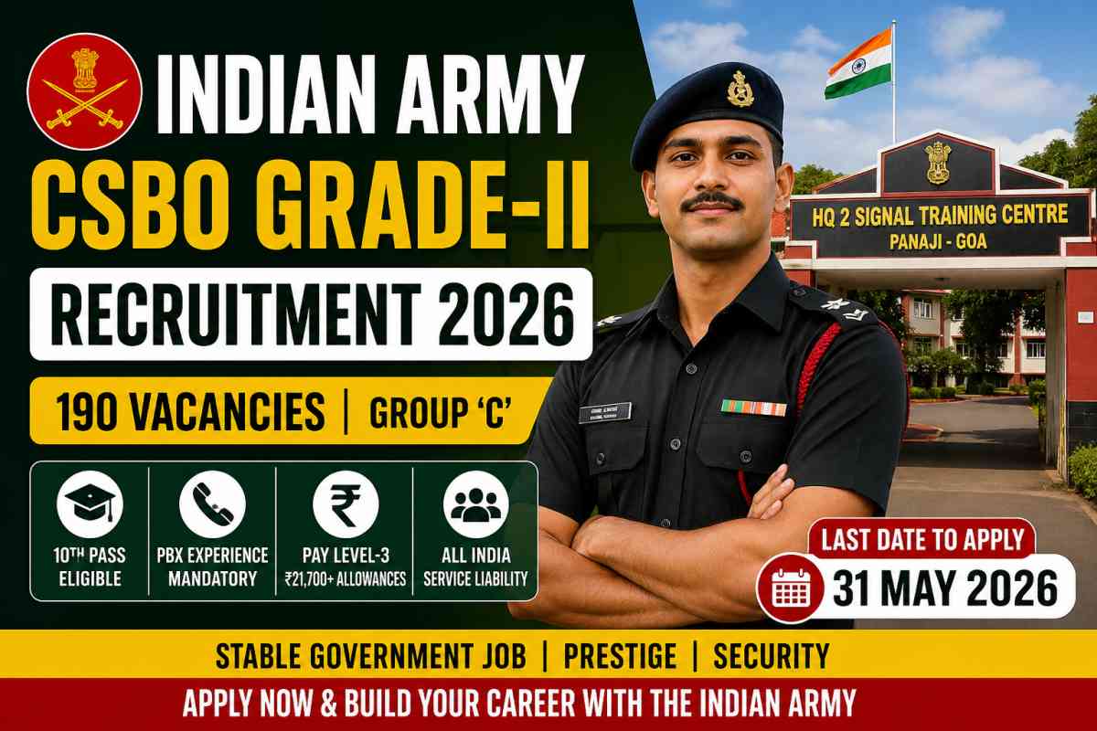 Apply for Indian Army CSBO Grade-II Recruitment 2026. Check 190 vacancies, eligibility, salary, selection process and last date to apply.