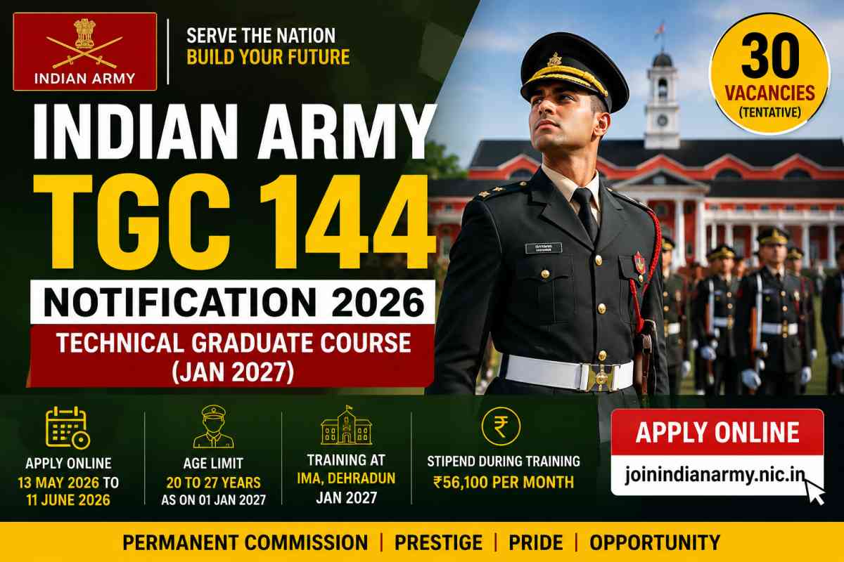 Indian Army TGC 144 Notification 2026 released for 30 vacancies. Check eligibility, salary, selection process, dates and apply online details.